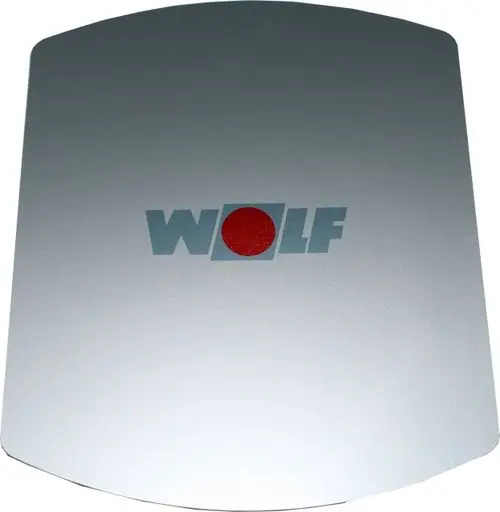 Silberne Blende mit rotem Punkt und Wolf-Logo, leicht gebogen und an einer Kante abgerundet, für den Einsatz in Heizungs- oder Lüftungssystemen.
